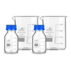 Bello Borosilicate Glass Measuring Beaker 1000ml 2pcs & 250ml 2pcs Reagent Bottle with leak proof Blue Screw Cap