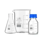 Bello Pack of 3, Borosilicate Glass Conical Flask 500ml, Beaker 1000ml & Reagent Bottle 250ml with Blue Screw Cap