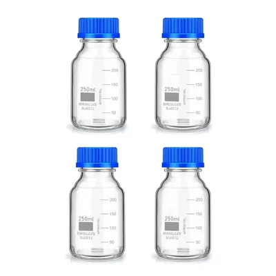 SBT 4 pcs Borosilicate Glass Reagent Bottle 250ml with Leak-Proof Blue Screw Cap