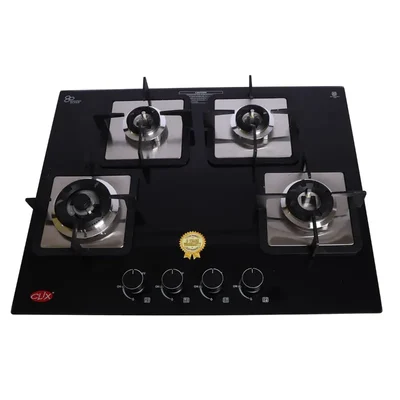 Clix Dura 4 Burner Built-In Hob Toughened Glass Top and High-Efficiency Brass Burners with Auto Ignition