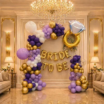 Pack of 4, 43 Pcs Bride To Be Decor Set - Purple & Gold Balloon Arch, Ring Foil, Sash & Confetti