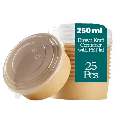 250ml Brown Kraft Paper Tubs with Transparent PET Lid for Food Packaging and Takeaway(Pack-25 pcs)