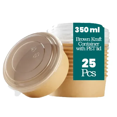 350ml Tall Brown Kraft Paper Tubs with Transparent PET Lid(Pack-25 pcs)