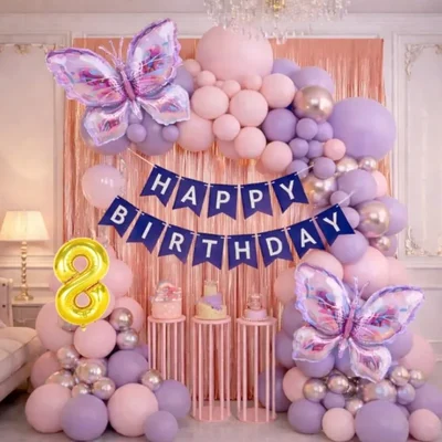 Pack of 4, 55 Pcs Butterfly 8th Birthday Decoration Kit for Girls | Pastel Pink Purple Arch Foil Fringe