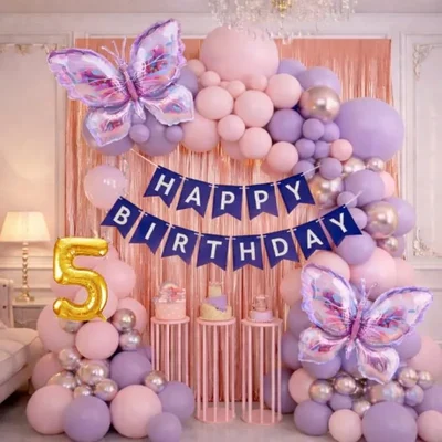 Pack of 4, 55 Pcs Butterfly 5th Birthday Decoration Kit for Girls | Pastel Pink Purple Arch Foil Fringe