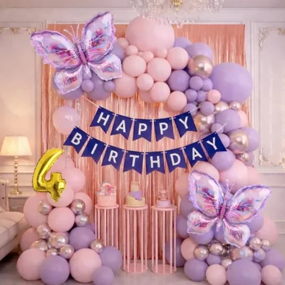 Pack of 4, 55 Pcs Butterfly 4th Birthday Decoration Kit for Girls | Pastel Pink Purple Arch Foil Fringe