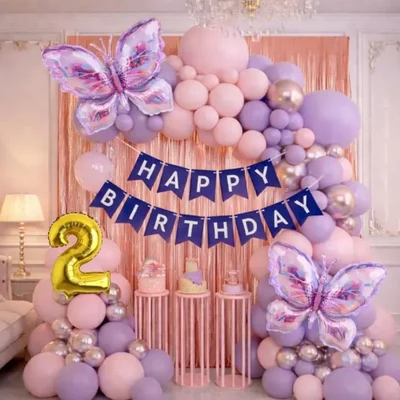 Pack of 4, 55 Pcs Butterfly 2nd Birthday Decoration Kit for Girls | Pastel Pink Purple Arch Foil Fringe