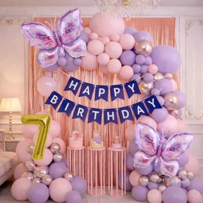 Pack of 4, 55 Pcs Butterfly 7th Birthday Decoration Kit for Girls | Pastel Pink Purple Arch Foil Fringe