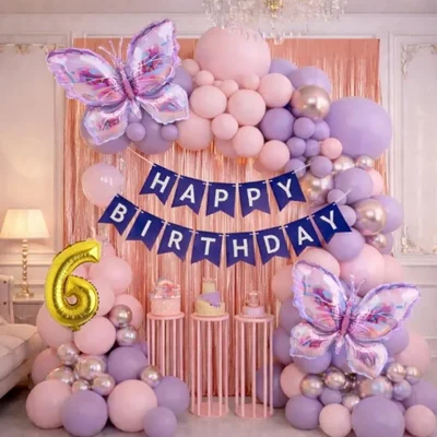 Pack of 4, 55 Pcs Butterfly 6th Birthday Decoration Kit for Girls | Pastel Pink Purple Arch Foil Fringe