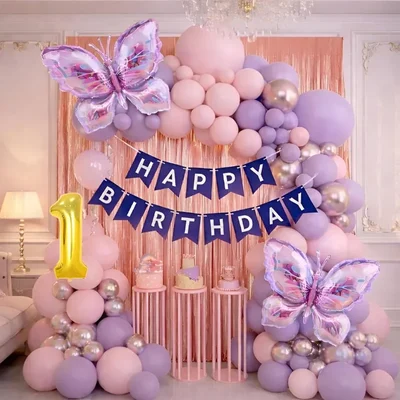 Pack of 4, 50 Pcs, 1st Birthday Party Decor for Girls - Pastel Pink & Purple Balloon Arch Garland, Silver Chrome Balloon