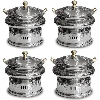 Hammered Stainless Steel Silver Round 8ltr Chafing Dish with Lid (Pack-Pack of 4)