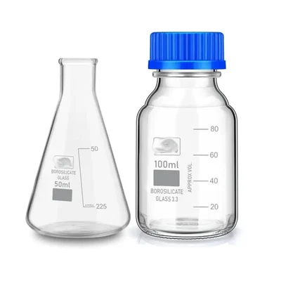 SBT Instruments Borosilicate Glass Measuring Conical Flask 50ml & Reagent Bottle 100ml with Leak Proof Blue Screw Cap
