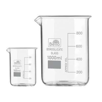 Bello Borosilicate 3.3, Set of 2 Glass Beaker 100 ml, 1000 ml with Graduation Marks for Chemistry Laboratory