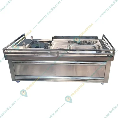 SS Chowmin Counter with Single Burner and 1 Large Square Pot and 3 Small Round Pot