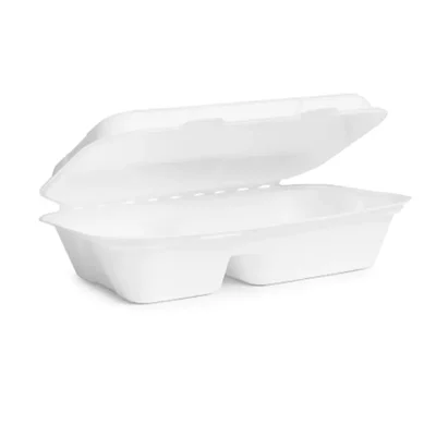 Premium 10x6 inch 2 Compartment Bagasse Clamshell Take Out Food Containers  for Food Packaging and Takeaway(Pack-25 pcs)