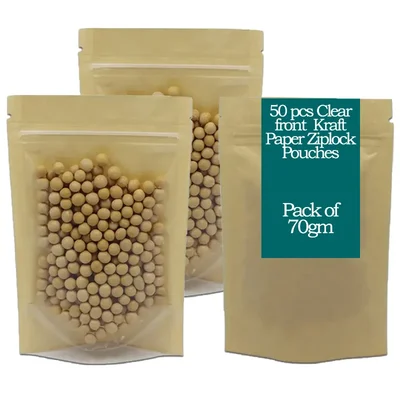 50 pcs Clear front Brown Kraft Paper Pouches with Zipper(Capacity-70 gm )