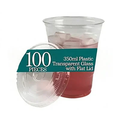 100 Pcs, 350ml Deluxe Clear PET Glass with Flat Lids | Crystal Transparent Disposable Glass for Iced Coffee, Smoothies