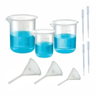 SBT Instruments Polypropylene Graduation Mark Beaker 100ml, 250ml, 500ml & 3pcs Plastic Funnel with 4pcs Plastic Dropper