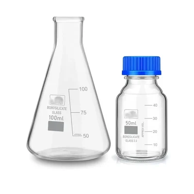 SBT Instruments Borosilicate Glass Measuring Conical Flask 100ml & Reagent Bottle 50ml with Leak Proof Blue Screw Cap