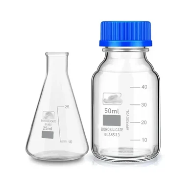 SBT Instruments Borosilicate Glass Measuring Conical Flask 25ml & Reagent Bottle 50ml with Leak Proof Blue Screw Cap
