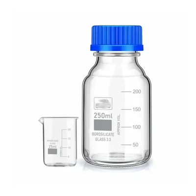 SBT Instruments Borosilicate Glass Measuring Beaker 25ml & 250ml Reagent Bottle with Leak Proof Blue Screw Cap