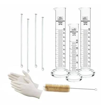 SBT Instruments Borosilicate Measuring Cylinder 25ml, 2pcs x 50ml & 4pcs Stirring Rod 200mmX6mm with Gloves, Cleaning Brush