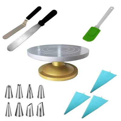 Cake Decorating Items Combo - (1 Cake Turntable, 2 Multifunctional Icing Knife, 1 Spatula Set, 8 Decorating Nozzle Sets, 3 Silicone Piping Bag)