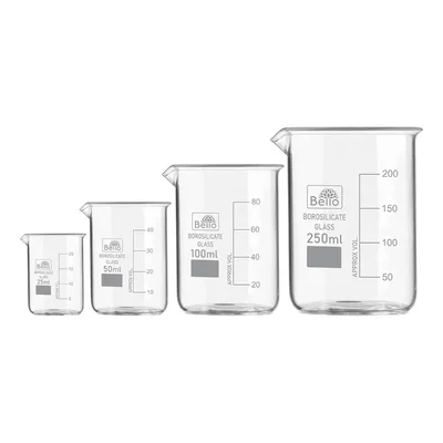 Bello Set of 4pcs Borosilicate 3.3 Glass Beakers with Graduation Marks, 25ml, 50ml, 100ml, 250ml Capacity for Laboratory