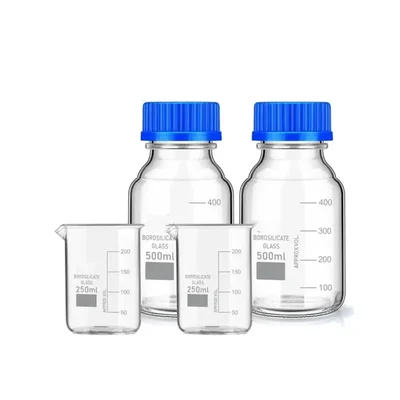 SBT Pack of 4 Pcs 500ml 2pcs Borosilicate Glass Measuring conical & 2pcs 100ml Reagent bottle