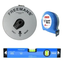 Freemans Combo Of 15 Meter Grey Magic Measuring Tape, 3 Meter Centi Flex Measuring Tape & 30Cm Spirit Level