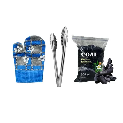 Combo of Glove, Tong and 500gm of Coal for Barbeque and Grills