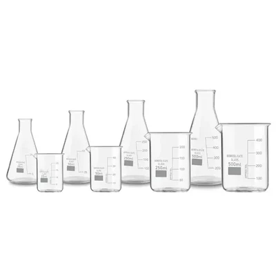 SBT Set of 8 Borosilicate 3.3 Glass Combo of 4 Beaker and 4 Conical Flask
