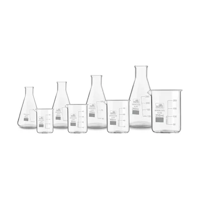 Bello Set of 8 (4 Beaker and 4 Conical Flask) 50 ml, 100 ml, 250 ml, 500 ml Borosilicate 3.3 Glass Combo of Beaker and Conical Flask