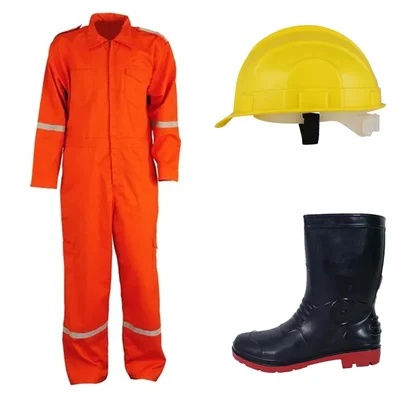 Safety Tools Combo Set of Premium Cotton Boiler Suit, 11 Inch Long Safety Gumboots & Highly Durable Safety Helmet