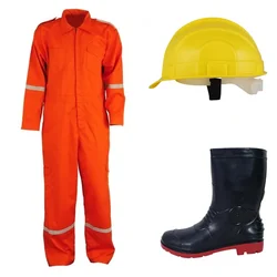 Safety Tools Combo Set of Premium Cotton Boiler Suit, 11 Inch Long Safety Gumboots & Highly Durable Safety Helmet 