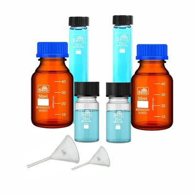 Bello 8-In-1 Combo of 2 Pcs Borosilicate Glass Amber Reagent & 4 Glass Culture tube With 2 Analytical Funnel