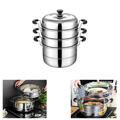 Commercial Stainless Steel 3 Tier Induction Compatible Manual Momo, Rice, Corn Steamer(Size-32 cm)