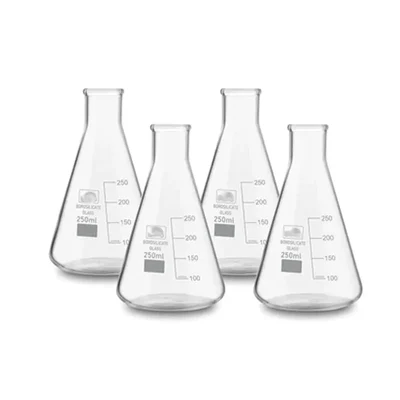 SBT Instruments 4pcs x 250 ml Borosilicate 3.3 Glass Conical Flask with Graduation Marks for Laboratory Usage
