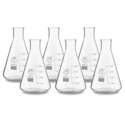 SBT Instruments Borosilicate 3.3 Glass 6pcs Conical Flask 500 ml with Graduation Marks for Laboratory