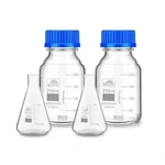 SBT Instruments Borosilicate Glass Measuring Conical Flask 50ml x 2pcs & Reagent Bottle 250ml x 2pcs with Leak Proof Blue Screw Cap