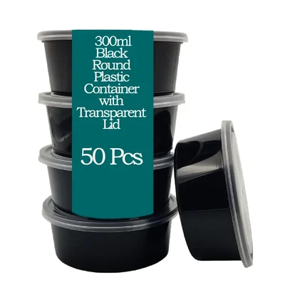 50 Pcs, 300ml Black Round Plastic Container with Transparent Lid for Food Takeaway, Delivery 