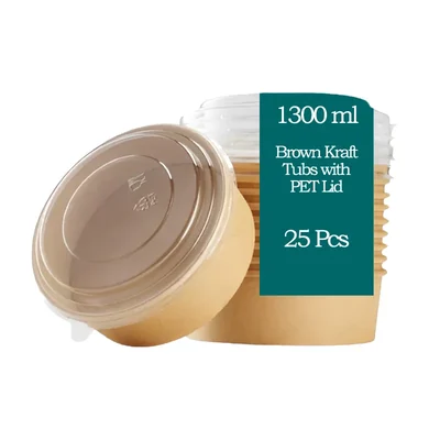 1300ml Brown Kraft Paper Tubs with Transparent PET Lid(Pack-25 pcs)