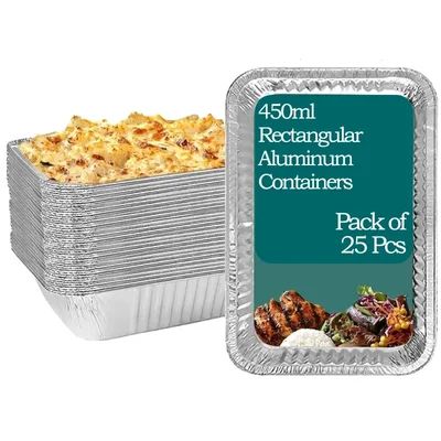 450ml Aluminum Rectangular Disposable Container with White Paper Lid for Safe and Secured Food Packaging(Pack-25 pcs)