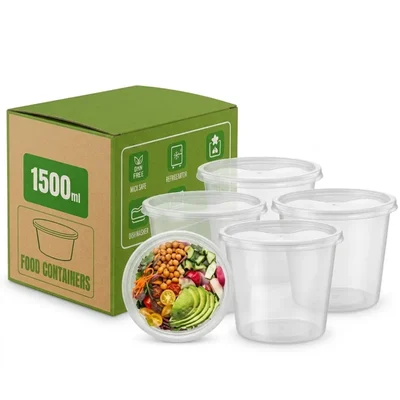 1500ml, White Round Takeout Food Container with Transparent Lid(Pack-50 Pcs )