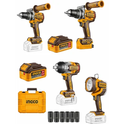 INGCO COSLI250882 20V Cordless 3Pcs Combo Kit Brushless Impact Drill, Impact Wrench, Work Lamp, Batteries and Accessories