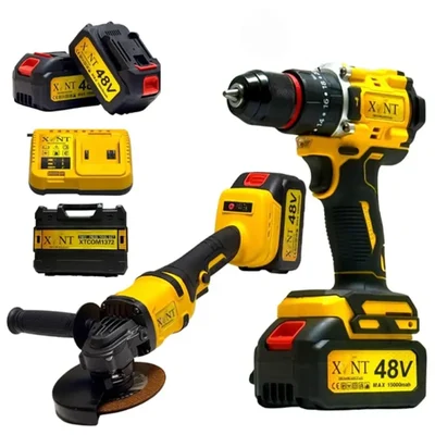 XLNT 2-In-1 48V Cordless 125mm Angle Grinder & 10mm Keyless Metal Chuck Drill Machine Combo With 2 Pcs Battery & Charger