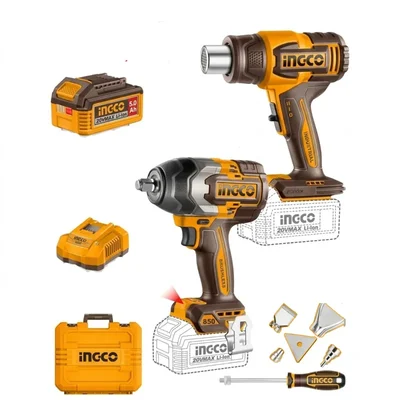 INGCO 20V Cordless 850 Nm Impact Wrench & Dual-Temp Heat Gun Combo Kit With Battery, Charger & Nozzle Accessories (COSLI260381)