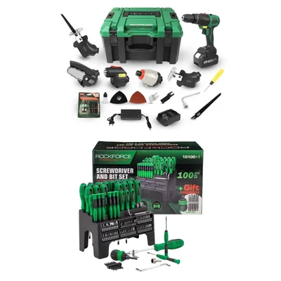 ROCKFORCE 8-In-1 Cordless Tool Set (RF-JCB-18MT-B) + FREE 100+7 Piece Screwdriver & Bit Set In Case (RF-10100)