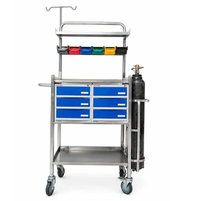 LuxMed LM-CCT-06 Stainless Steel 6 Lockable Drawers Hospital Crash Cart Trolley IV Pole Oxygen Cylinder Holder