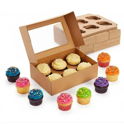 100 Pcs, 9x6x4 Inch Kraft 350 GSM Cupcake Box with Insert For 6 Cupcakes, Brownies, Bakery Products